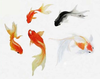 Watercolor goldfish fine art giclee print, Orange and white Sumie koi painting, Gold and white home decor, A beach print gift for her