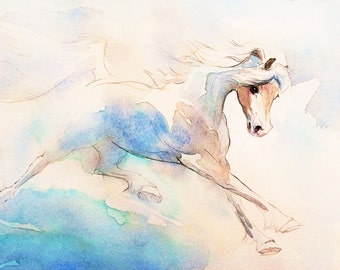 Watercolor Print Horse Art, Horse  Drawing, Pen and Ink Painting, Blue and White , Horse Gift, Wall decor, Horse Lovers. Gift for Her