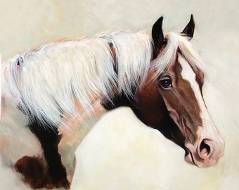 Horse Art Print,Home Equine Decor, Brown and White, Horse Lover's Oil Painting, Paint Horse Head Giclee, Paint Pony Drawing