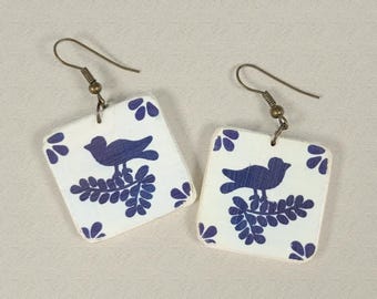 Mexican Talavera Tile Earrings  - Blue Bird motif - designed & hand-crafted by Linda Henry - Casual wear, Light weight - Unique gift  (M-27)