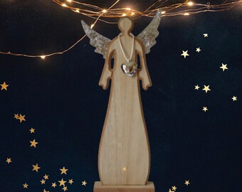 Wooden angel with heart natural 41 cm high - Christmas angel Christmas decoration Advent decoration
