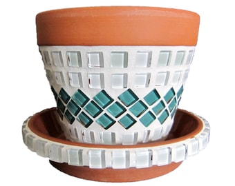 Mosaic flowerpot with coaster white turquoise 10 cm handmade
