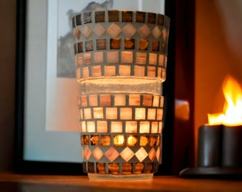 Handgefertigtes Windlicht weiß gold braun 14 cm hoch Teelichthalter Kerzenhalter