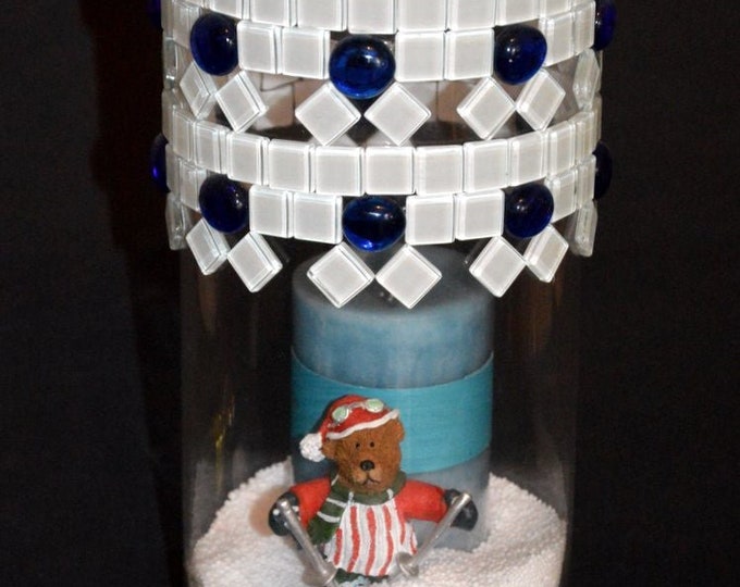 Mosaic lantern white blue 25 cm high - unique piece - handmade candle holder tealight holder Utensilo