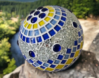 Mosaic rose ball blue yellow silver 15 cm - handmade decorative ball garden ball