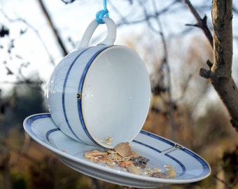 Feeder white blue - handmade - bird food, feeding station, feeding board, wild bird food