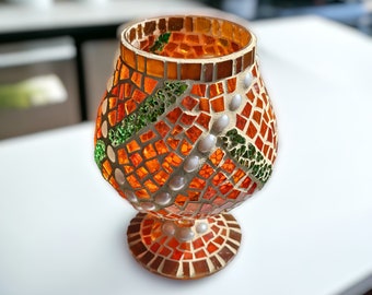 Mosaik Windlicht Perlentraum orange 17 cm hoch – Einzelstück - handgemacht - upcycling