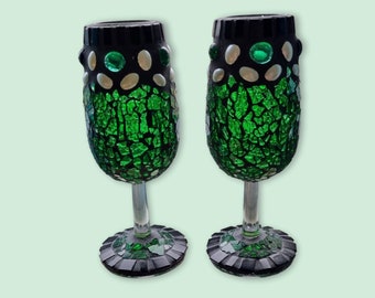 Mosaic Decorative Glass Bead Dream Green in Set of 2 - Handmade Vase Candle Holder Table Decoration From old to new