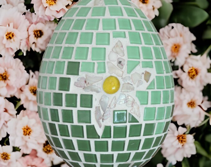 Handmade Easter egg Pink flower 20 cm high - unique piece mosaic with mother-of-pearl
