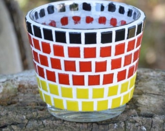 Mosaik Windlicht schwarz rot gold 8 cm hoch - handgemacht - Kerzenhalter, Teelichthalter