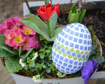 Mosaic Easter egg blue green 12 cm - handmade - Easter decoration seasonal item garden decoration