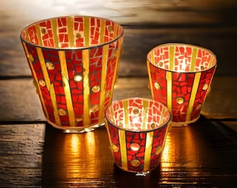 Mosaik Windlicht rot gelb - handgemacht in versch. Größen Kerzenhalter Teelichthalter Kerzenständer Utensilo