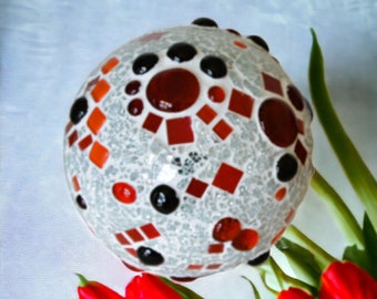 Mosaic rose ball mess red black mirror 15 cm - handmade decorative ball mosaic ball garden ball