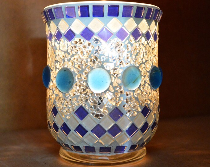 Mosaic lantern silver blue 14 cm high - handmade candle holder, tealight holder, utensilo, vase