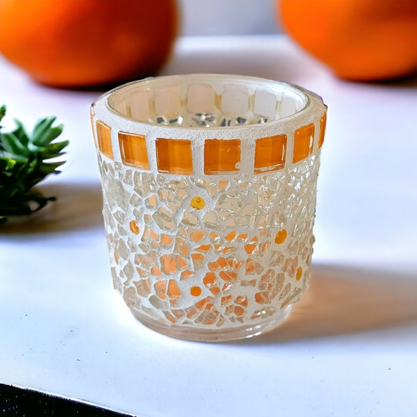 Lanterne mosaïque orange transparente 7 cm de haut - fait main - bougeoir, photophore