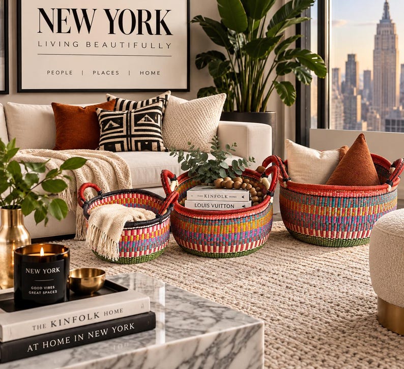 May include: Three round, hand-woven baskets featuring a vibrant, multi-coloured striped pattern with red handles. The baskets are arranged in a row, with the largest on the right, containing decorative cushions and books, while the smaller ones hold textiles.