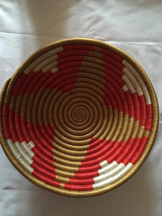 Red White African Basket Rwanda Basket African Wall Basket Kitchen Decor African Woven Trivet Sokoke Rwandese Basket 9 To 10