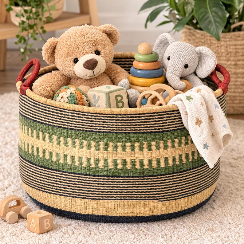 Op de afbeelding: Een ronde geweven opbergmand met een groen en zwart geometrisch patroon, gevuld met speelgoed. Inclusief een teddybeer, een olifantenknuffel, houten stapelringen, een sterrenpatroon deken en houten blokken. De mand heeft rode handvatten.