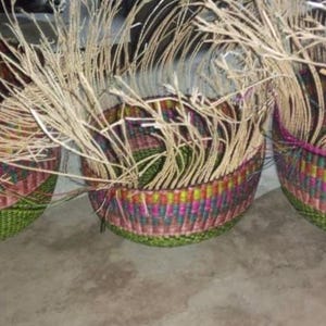 May include: Three round woven baskets featuring a vibrant multicoloured checkered pattern in shades of green, pink, and yellow. Each basket has long, unfinished natural tan fibres extending upwards from the top rim, showing the construction process.