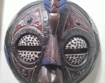 best selling african wooden mask , best wooden collection  decor statement, brass wooden mask west african origin 12”