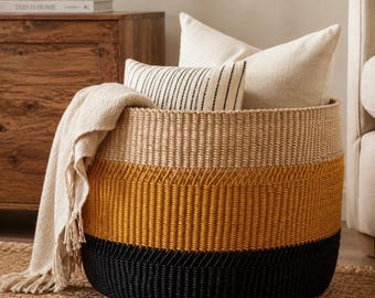 Handwoven Bolga Basket, Ghana Woven Floor Storage, Elephant Grass Home Organization
