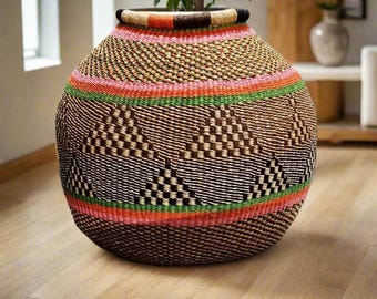Handwoven African Basket – Boho Living Room Decor, Dried Flower Holder