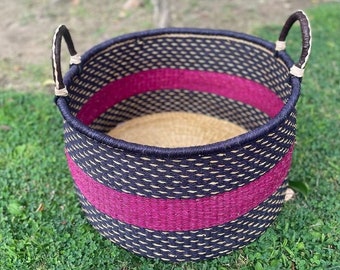 Large colourful decor  basket, Baskets african Ghana, handmade basket, african woven basket, natural handmade basket , pink basket , dark