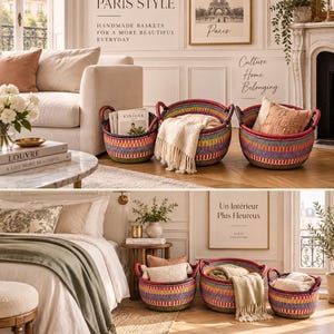May include: A set of round, hand-woven baskets featuring a vibrant, multi-coloured geometric pattern with red rims and sturdy handles. These baskets are displayed in various sizes, some containing soft textiles, in a bright, furnished living space.