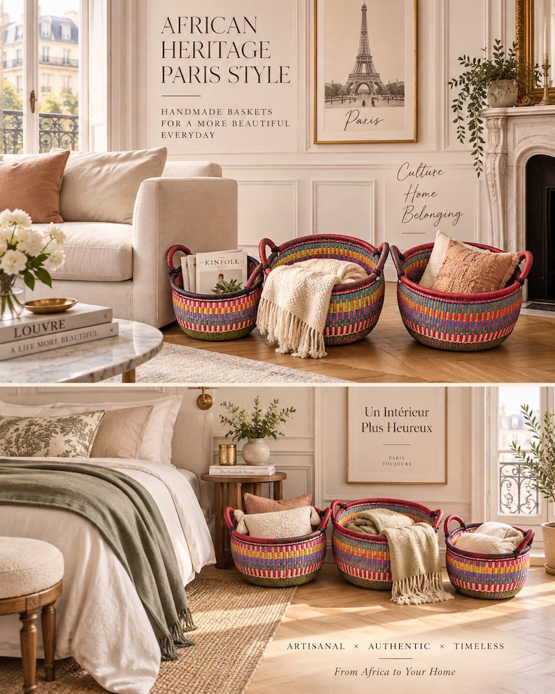 May include: A set of round, hand-woven baskets featuring a vibrant, multi-coloured geometric pattern with red rims and sturdy handles. These baskets are displayed in various sizes, some containing soft textiles, in a bright, furnished living space.