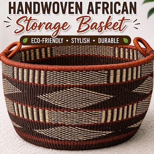 May include: Handwoven African storage basket with a brown and tan geometric pattern. The basket has a round shape with two handles and a brown rim. The text on the image says "Eco-Friendly • Stylish • Durable."