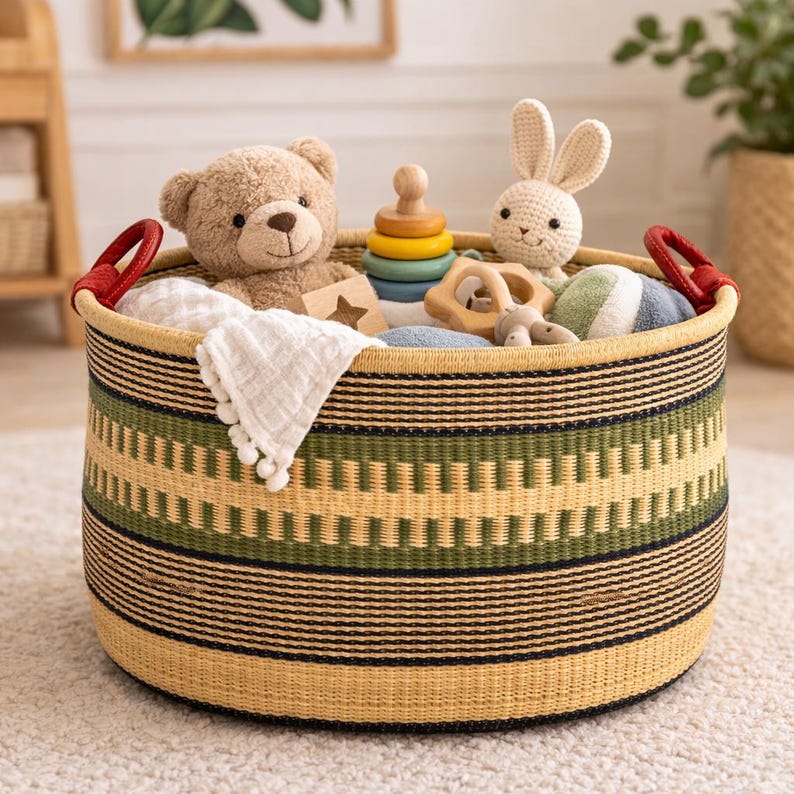 Op de afbeelding: Een ronde geweven opbergmand met rode handvatten, gevuld met speelgoed. De mand heeft een geel en groen geometrisch patroon. Speelgoed omvat een teddybeer, een gehaakt konijn, een houten stapelspeelgoed en een kleine deken.