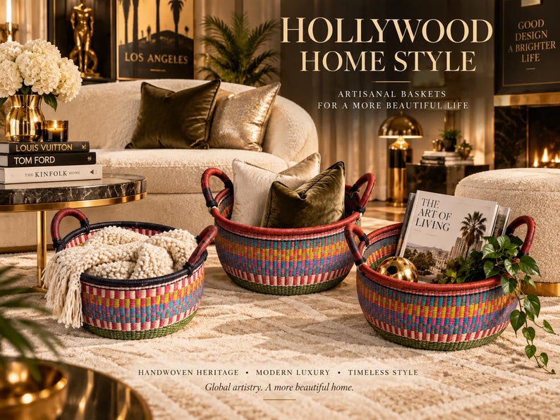 May include: Three round, handwoven baskets featuring a vibrant, multi-coloured geometric pattern with dark blue rims and handles. The baskets are filled with a cream-coloured knit throw, decorative pillows, and a book titled The Art of Living.