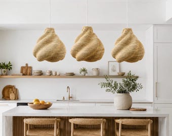 Lampa wisząca z plecionego afrykańskiego materiału: nowoczesne oświetlenie wyspy kuchennej, 15” szer. 15” wys.