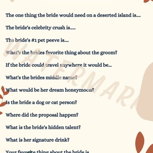 Questionnaire de douche nuptiale bachelorette