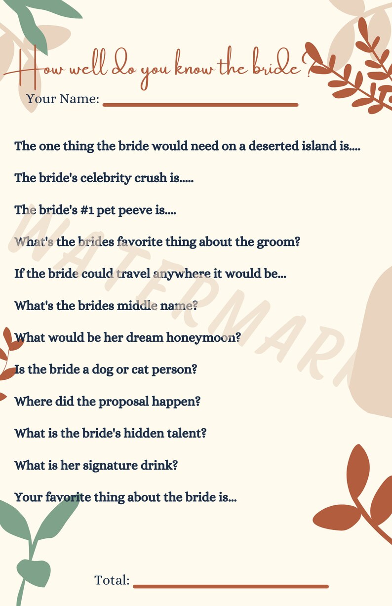 Bachelorette Bridal Shower Questionnaire - Etsy
