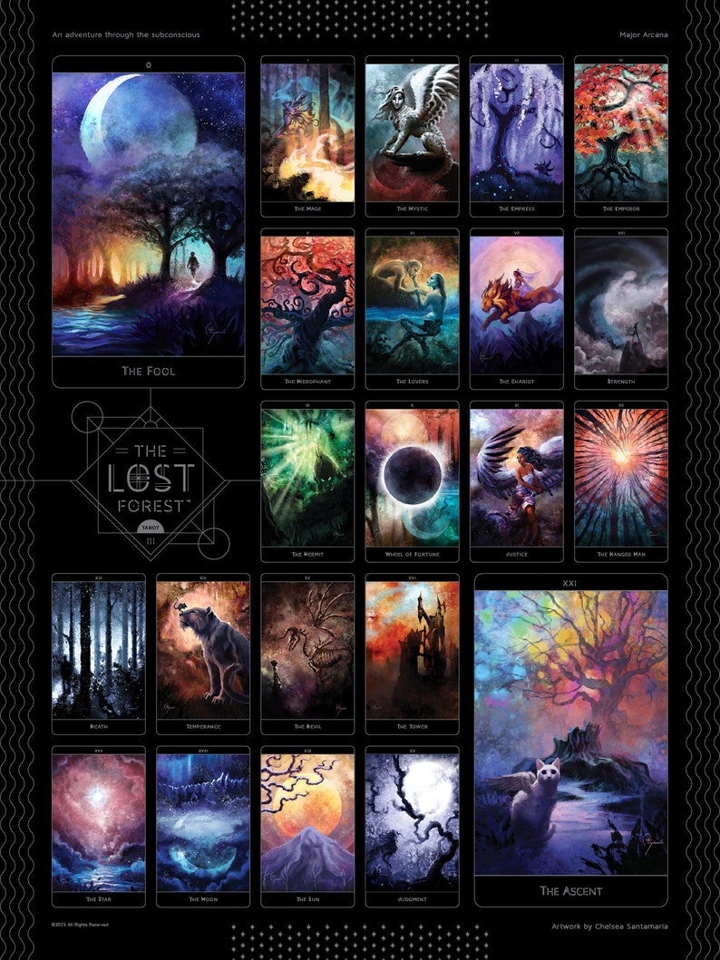 Op de afbeelding: Een tarotdeck met een donkere achtergrond en kleurrijke illustraties van bomen, dieren en andere mystieke beelden. Het deck is getiteld "The Lost Forest Tarot".