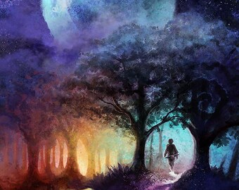 May include: A digital painting of a crescent moon in a starry night sky over a forest with a river flowing through it. A person walks through the forest towards a glowing light.