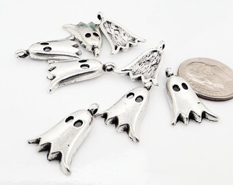 2 White Enamel Ghost Charms Silver Pendants Halloween Findings Jewelry Supplies
