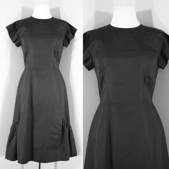 1960s Black Silk Ruffled Dress. High neck, short