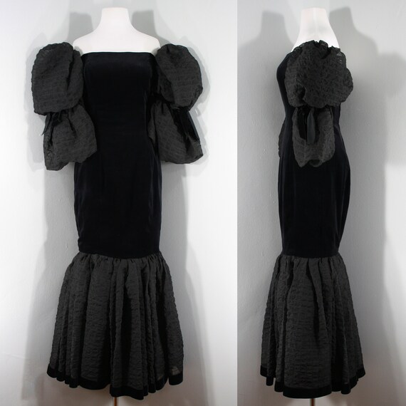 1980s Black Organza and Velveteen Evening Gown by