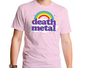 Death Metal Rainbow Men's T-Shirt (GT2999-101LPK) Rainbows, death metal, heavy metal, mens pink t-shirts, funny t-shirts, funny mens shirt.
