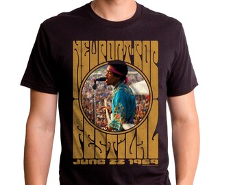 JIMI HENDRIX - Newport Pop - Unisex T-Shirt (JHX0023-501BLK) american, 60s music, guitarist, rock, monterey pop, greatest instrumentalist