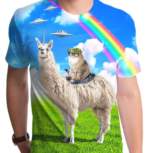 Cute Cat Riding Llama Unicorn Tees Short Sleeve Denim Hat Male Cute Cat Riding Llama Unicorn Tees Short Sleeve Denim Hat Male