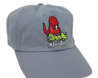 Foodie Dinosaur Dad Hat (HAT-GDH0016) dinosaur, sad t-rex, dino, big red dino, foodie, #foodie, baseball hat, hat, funny hat, dad cap