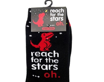 Reach For The Stars Crew Socks (GSK0018 ) sad t-rex, reach for the stars, dinosaur, socks, crew socks, geeky gifts, stocking stuffer