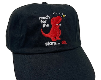 Reach For The Stars Dinosaur Dad Hat (HAT-GDH0018) sad t-rex, dino, big red dino, reach for the stars, baseball hat, hat, funny hat, dad cap