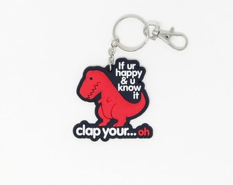 Sad T Rex RUBBER KEYCHAIN (KEY-GT2339) keychain, dinosaur, if you happy and you know it, happy dino, t-rex, big red, dino, red dino, keys