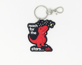 Reach for the Stars Dino RUBBER KEYCHAIN (KEY-GT7618) dinosaur, love dinos, happy dino, t-rex, big red, red dino, keys, food, stars, dino