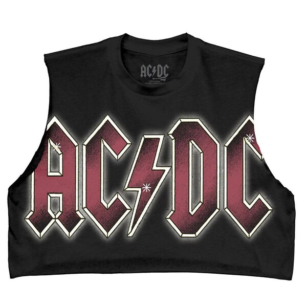 AC/DC - Color Glow - Crop Top (ACD0099-618BLK) australian rock band, 1970s music, hells bells, high voltage, vintage music, rock tees, tour