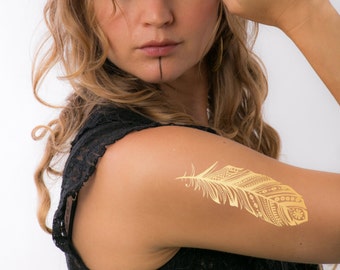 Gold Feather Temporary Tattoo- Boho Feather Tattoo- Metallic Tattoos- Festival Tattoo
